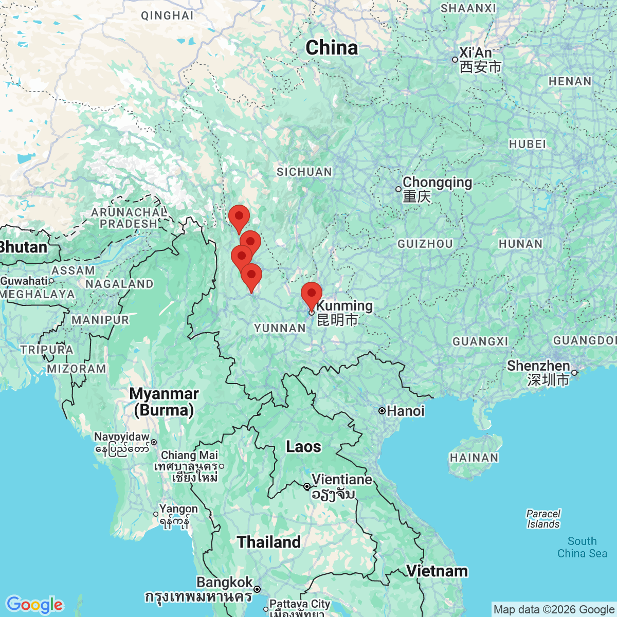 Carte du voyage CHINE - REGION DU YUNNAN